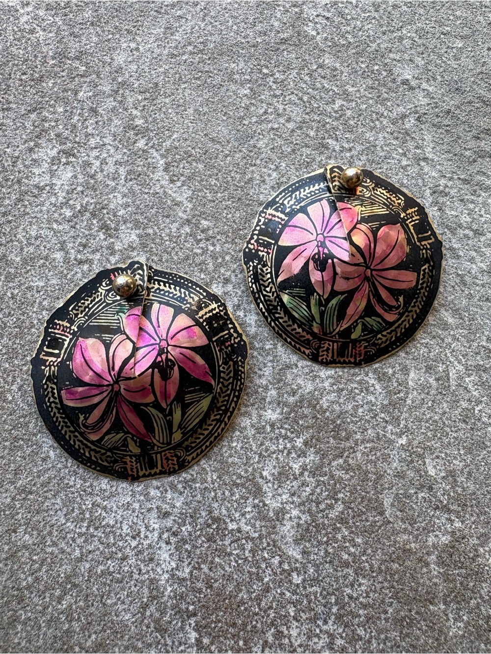 Vintage Floral Round Earrings — Pink & Black